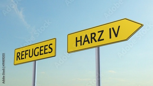 Refugees / Harz IV Signpost on sky background