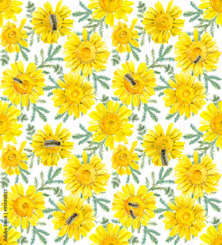 Seamless pattern of yellow chamomiles. Decoration with blooming flowers. Dark background. Watercolor hand drawing illustration Seamless pattern of yellow chamomiles. Decoration with blooming flowers. Dark background. Watercolor hand drawing illustration