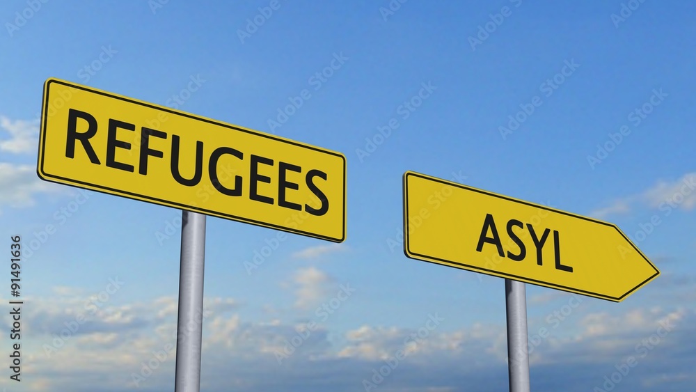 Refugees / Âsylum Signpost on sky background Refugees / Âsylum Signpost on sky background