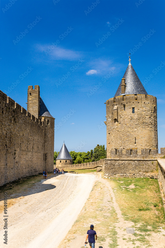 Carcassonne, France. The walls and towers of the double row of fortifications. Fortress is included in the UNESCO World Heritage List