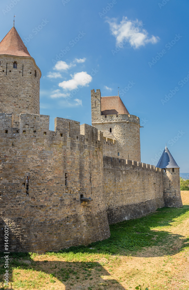 Carcassonne, France. The city walls and towers of the inner ring of fortifications. Fortress of Carcassonne is included in the UNESCO World Heritage List
