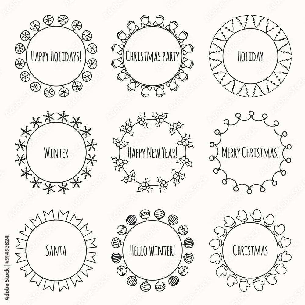 Set of 2016 Christmas season hand drawn vector line border and Set of 2016 Christmas season hand drawn vector line border and