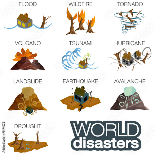 Icon symbol set of world disasters. Flood, wildfire, tornado, hurricane, volcano, tsunami, landslide, earthquake, avalanche and drought icons.