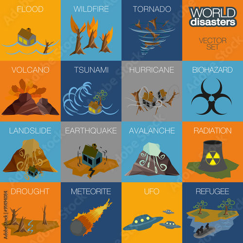 Icon symbol set of world disasters. Flood, wildfire, tornado, hurricane, volcano, tsunami, landslide, earthquake, avalanche and drought icons.