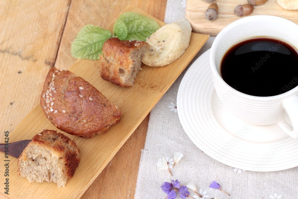 Banana cake of delicious and banana ripe with coffee.