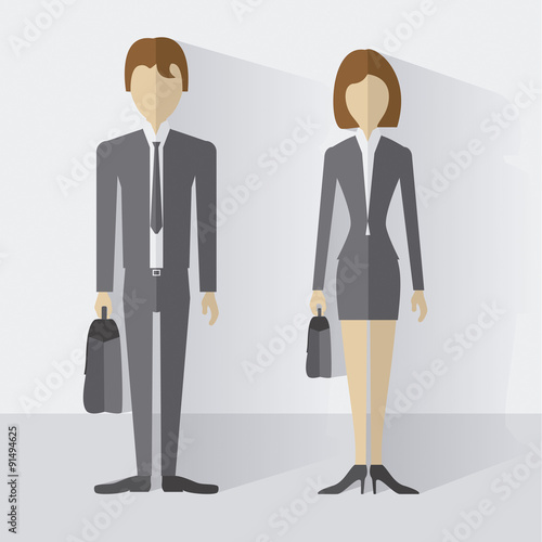 Imagen vectorial de alta calidad que representa a un hombre y una mujer de negocios vestidos con trajes elegantes de pie con maletines, transmitiendo profesionalismo y éxito.