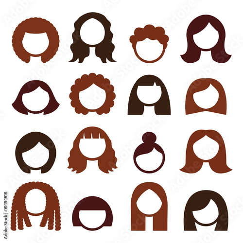 Brunette hair styles, wigs icons set - women 