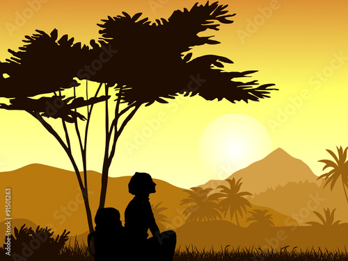 Sunset in the tropical mountains with a silhouette of the girl. Vector illustration.