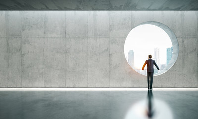 Blank interior with window and man.
