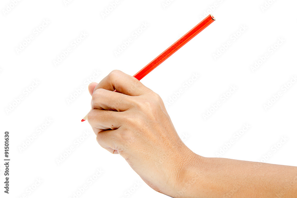 hand holding smartphone with pencil in the other hand isolated hand holding smartphone with pencil in the other hand isolated