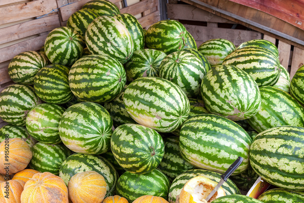 Fresh watermelons for sale at the local farmers market Fresh watermelons for sale at the local farmers market