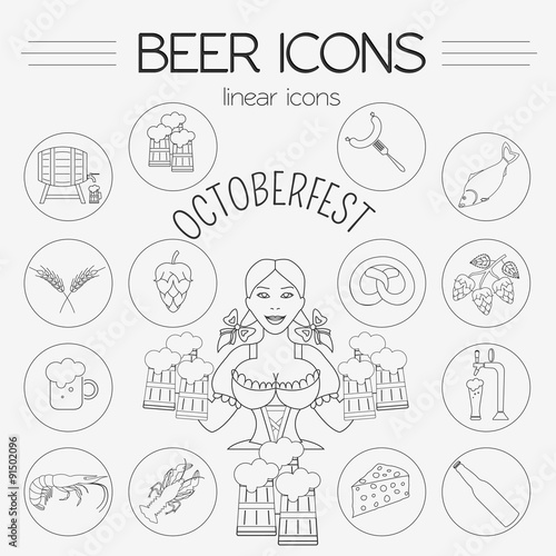 Beer icon set. Logos and badges template. Linear style. Octoberf
