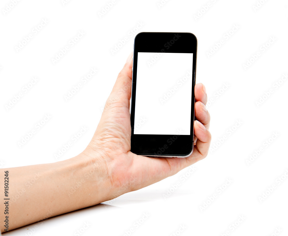 Hand holding Smartphone on white background