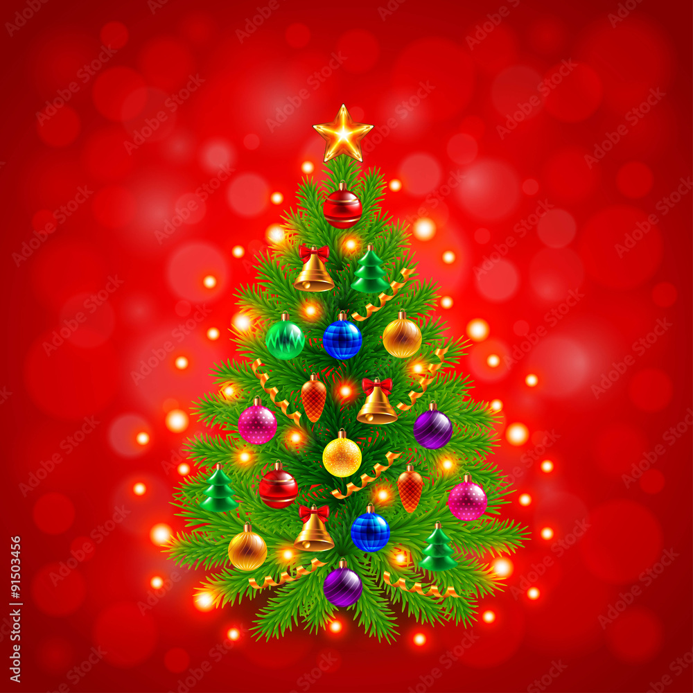 Green decorated Christmas tree on red background Green decorated Christmas tree on red background