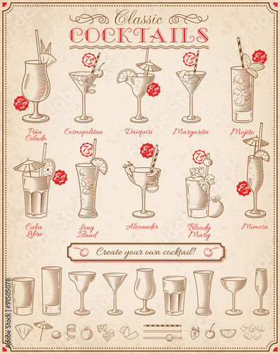 Famous Cocktails Illustrations Blackboard Menu