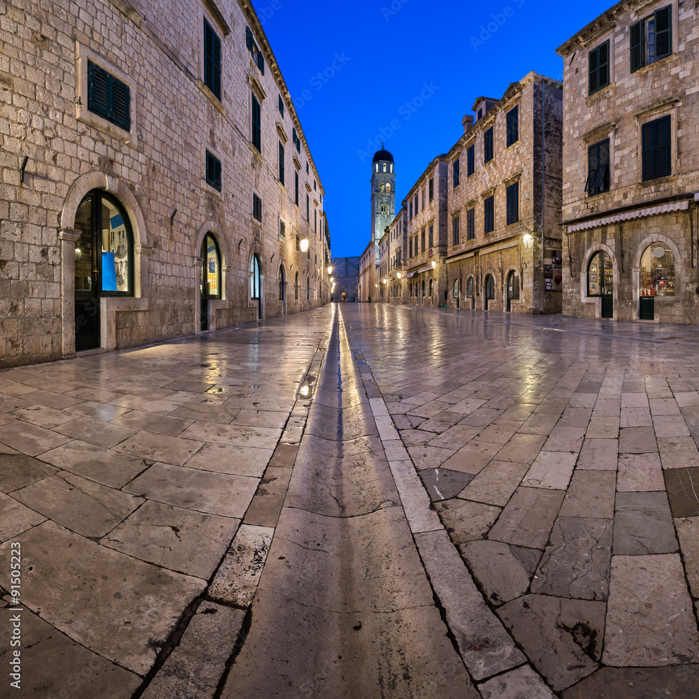 Panorama of Stradun Street in the Morning, Dubrovnik, Dalmatia, Croatia - obrazy, fototapety, plakaty 
