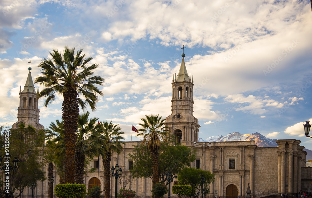 Cathedral and Volcano in Arequipa, Peru