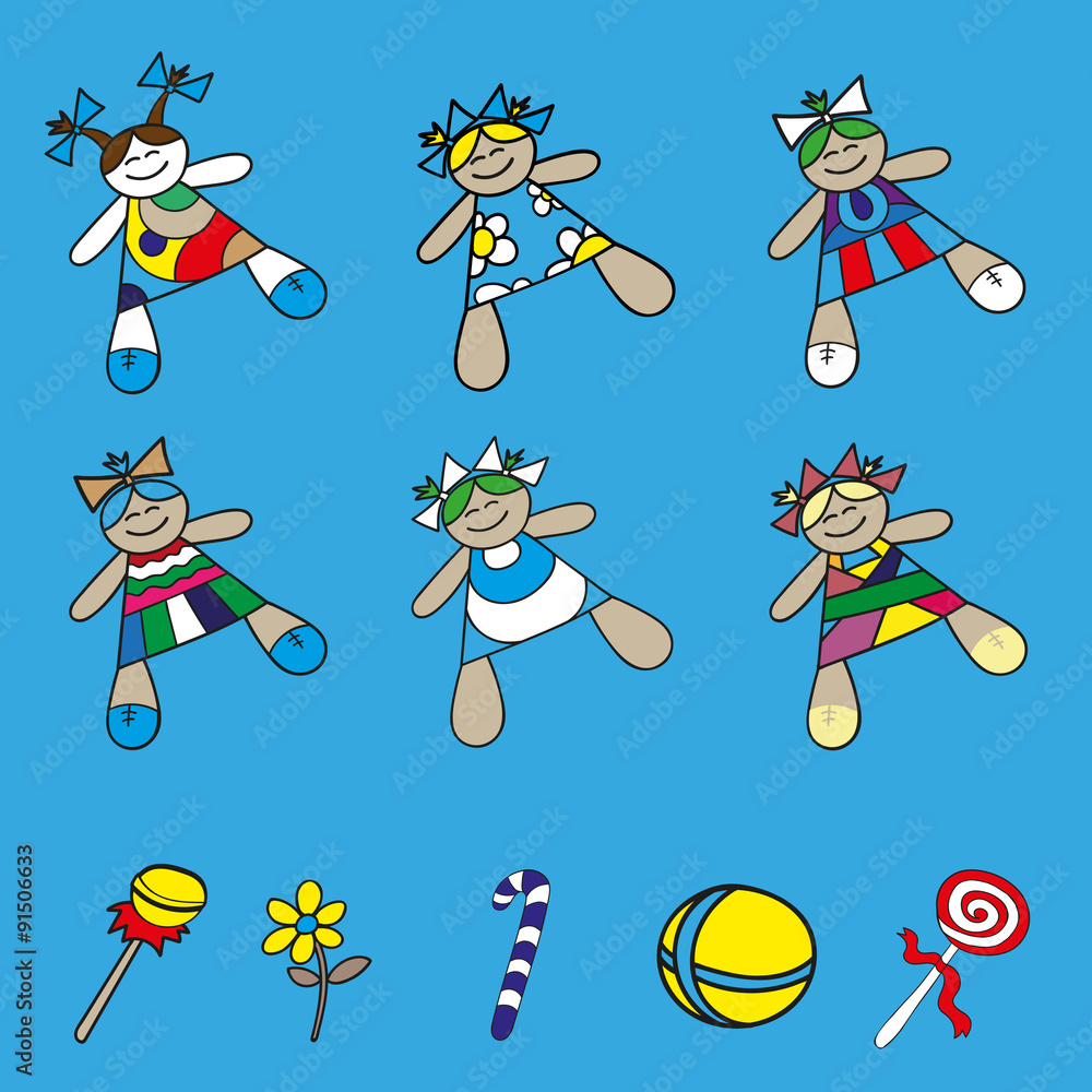 Naklejka premium Set vector icons baby dolls in different dresses