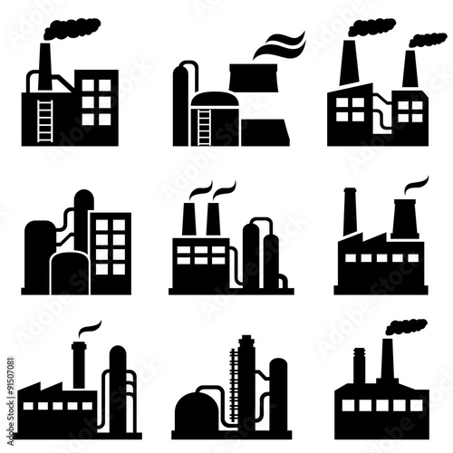 Industrial building, power plant and factory icons