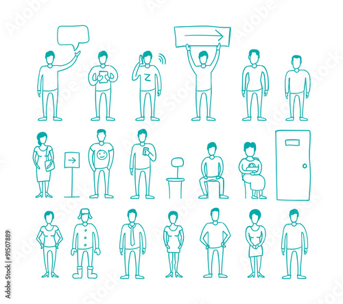 People vector set drawing hand standing and waiting in line. 