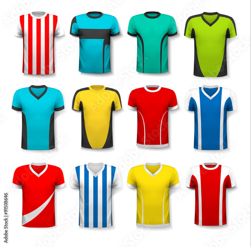 Collection of various soccer jerseys. The T-shirt is transparent