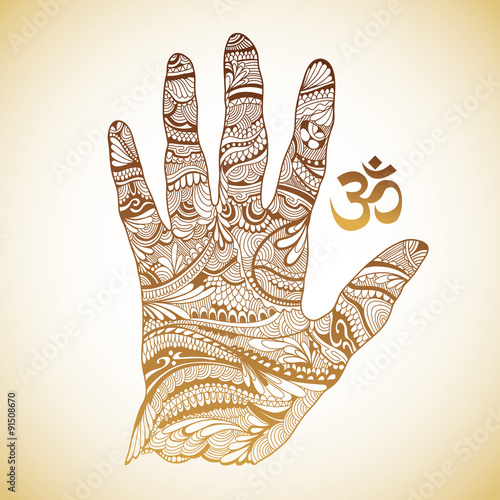 Vector hand with golden henna tattoos