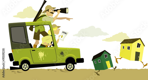 Couple, dressed in safari clothes, pursuing on a jeep running on chicken legs buildings as a metaphor for house hunting, EPS 8 vector illustration, no transparencies