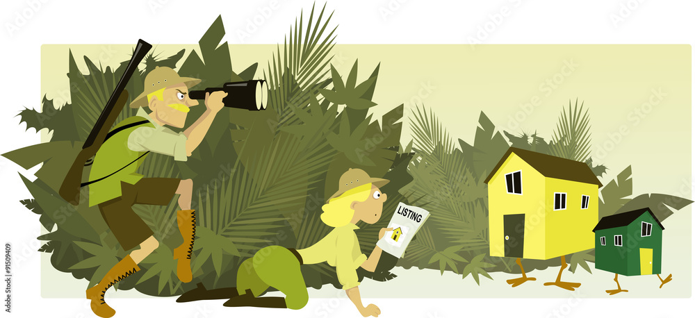 Couple dressed in safari style clothes staking out houses with