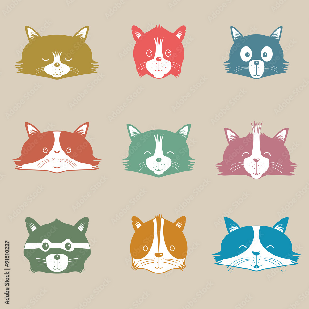 Vector Set Of Different Adorable Cartoon Cats Faces
