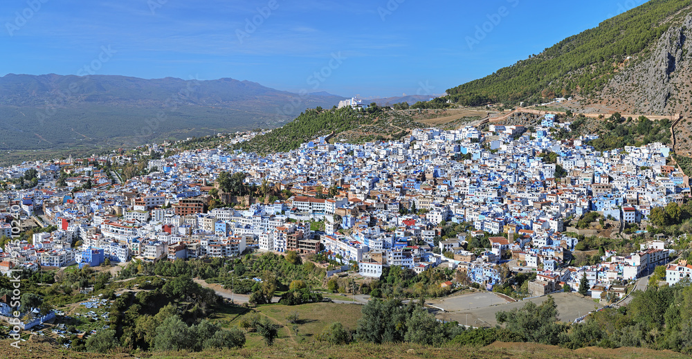 Panorama of Chefchaouen from the hill of Jemaa Bouzafar Mosque, Morocco