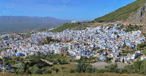 Obraz na płótnie Panorama of Chefchaouen from the hill of Jemaa Bouzafar Mosque, Morocco w salonie