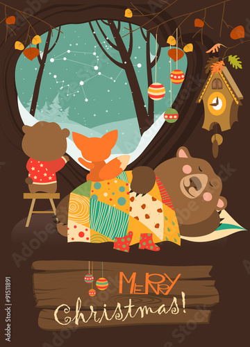 Cute bear and little fox watching snow from den