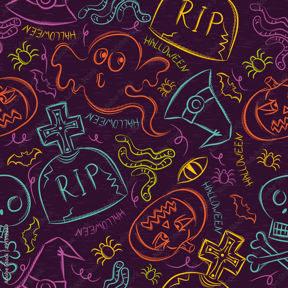 Seamless Pattern with color Halloween ghost, skull and  pumpkin