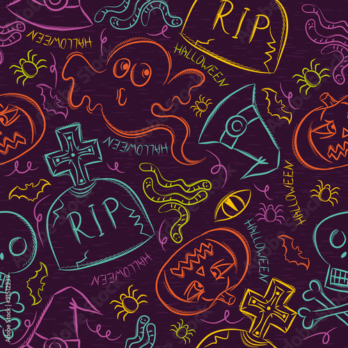 Seamless Pattern with color Halloween ghost  skull and  pumpkin