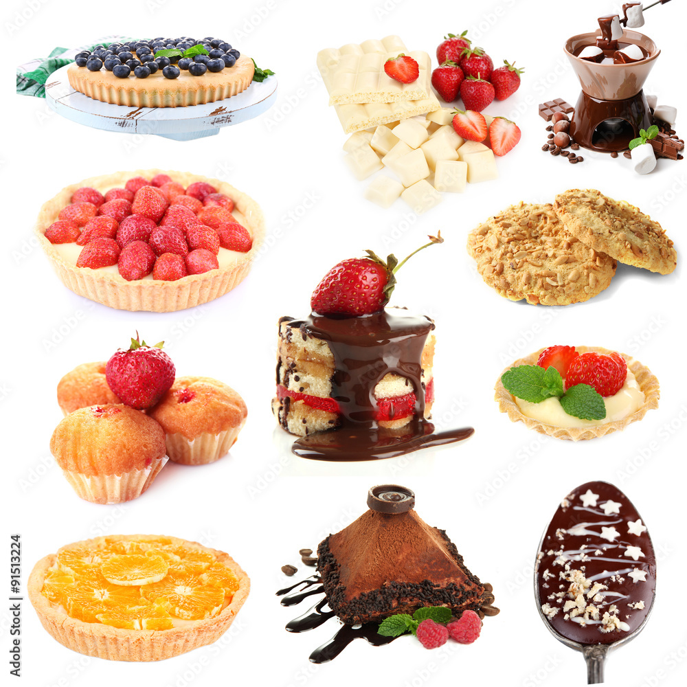 Collage of desserts isolated on white Collage of desserts isolated on white