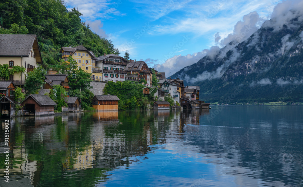 Hallstatt village with lake and Alps behind, Austria