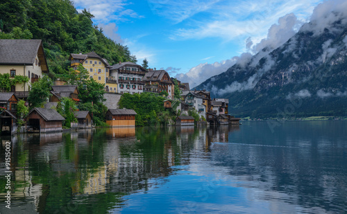 Hallstatt village with lake and Alps behind  Austria