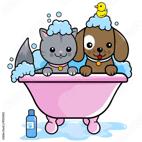 A dog and a cat in a tub taking a bubble bath. Vector illustration