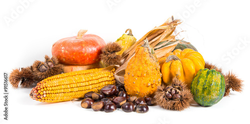 Autumn harvest - fresh autumn fruits and vegetables on wicker basket