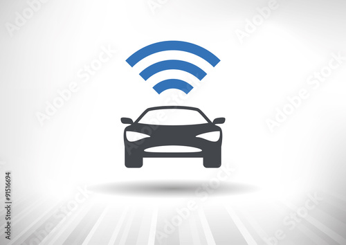 The Connected Car. Smart car icon with wireless connectivity symbol. Front view. 