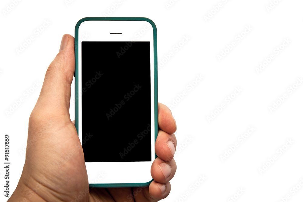 Hand holding smart phone with blank black screen isolated on white background Hand holding smart phone with blank black screen isolated on white background