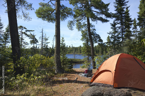 Campsite overlooking Boundary Waters lake in Minnesota