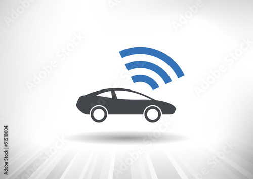 The Connected Car. Smart car icon with wireless connectivity symbol. Side view.