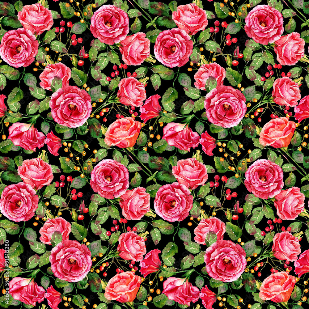 Seamless pattern of watercolor red roses on black background. Illustration of flowers. Vintage. Seamless pattern of watercolor red roses on black background. Illustration of flowers. Vintage.