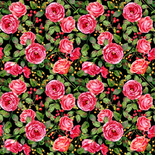Seamless pattern of watercolor red roses on black background. Illustration of flowers. Vintage. 