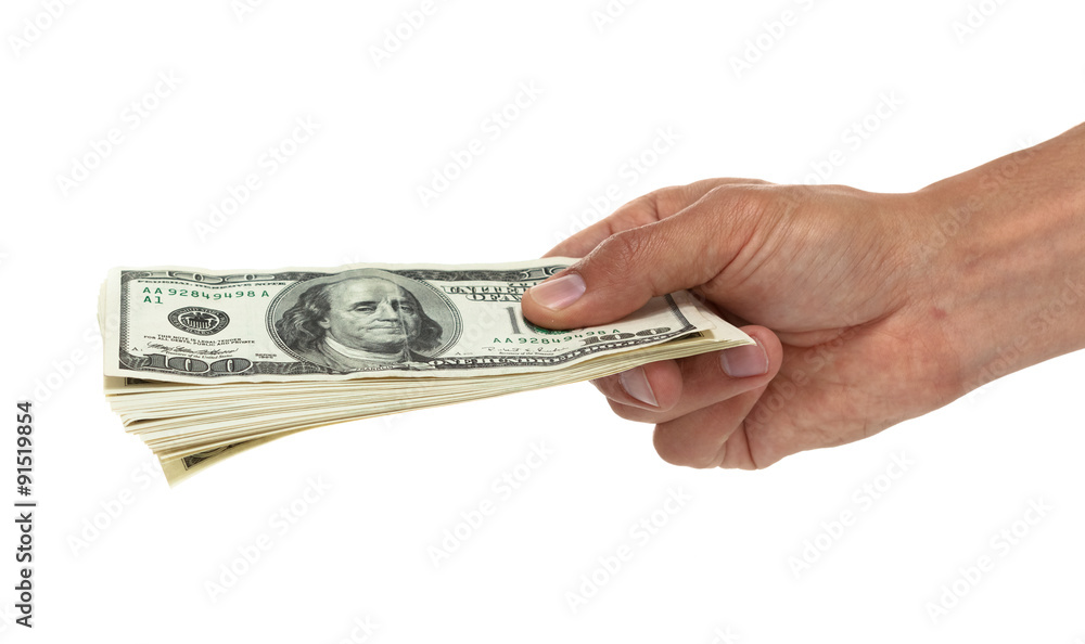 Hand Holding Out A Stack Of Hundred Dollar Bills To The Side Stock hand-holding-out-a-stack-of-hundred-dollar-bills-to-the-side-stock