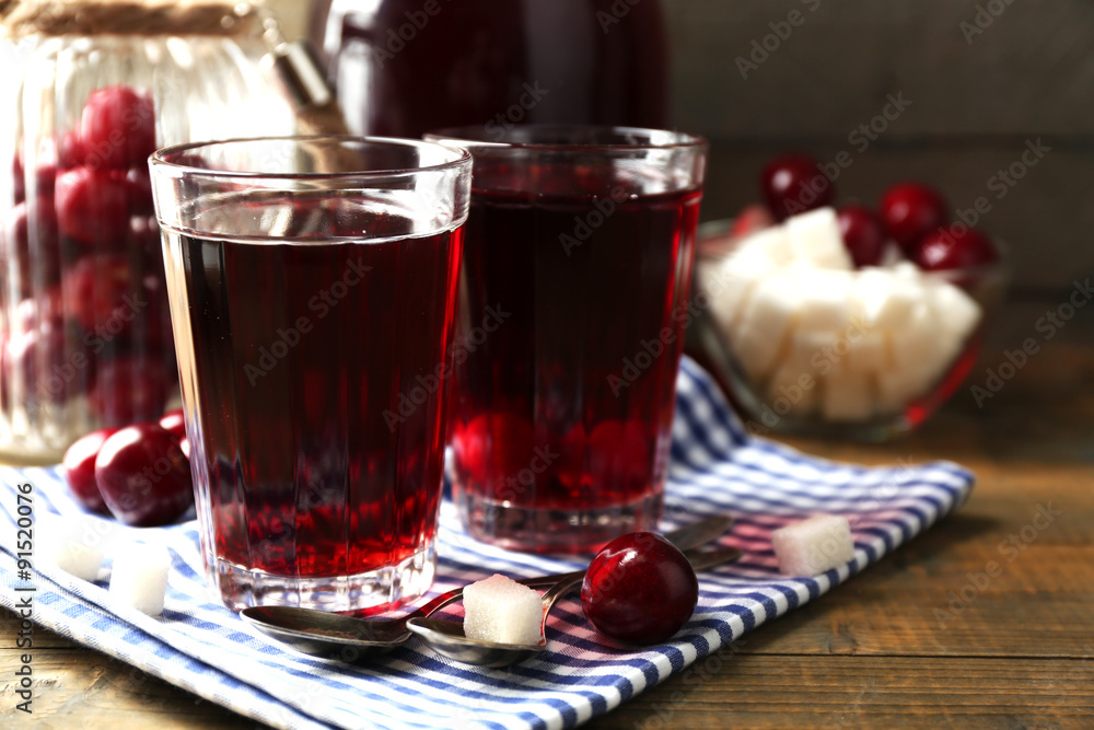 Sweet homemade cherry compote on table on wooden background Sweet homemade cherry compote on table on wooden background