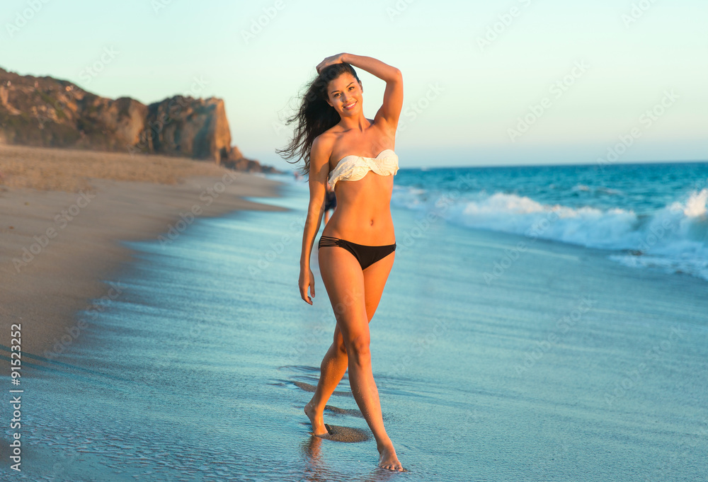 Gorgeous model long legs fit bikini swimsuit swimwear tan brunette tropical  pose beach Stock-bilde | Adobe Stock
