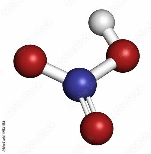 Nitric acid (HNO3) strong mineral acid molecule.  photo