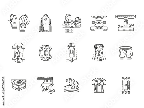 Longboarder accessories thin line vector icons